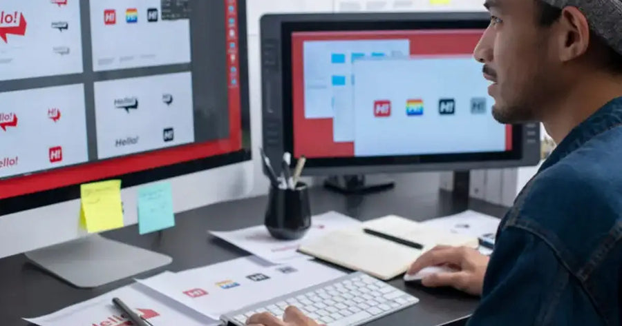 Graphic designer reviewing brand logo concepts for business signage and visual branding