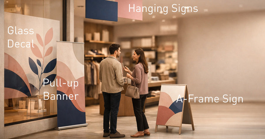 Melbourne shopfront with display signage including glass decals, a pull-up banner, hanging sign and A-Frame sign