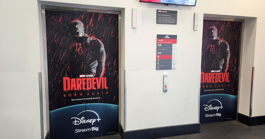 Custom Elevator Decals at Marvel Stadium for Daredevil: Born Again