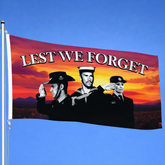 ANZAC Lest We Forget flag featuring Army, Navy and Air Force personnel at sunset