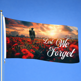 Lest We Forget ANZAC flag featuring soldier silhouette in red poppy field at sunset