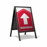 A-frame sign with a red and white registration arrow design on a white background