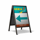 Colorful a-frame sign with 'ADMIN' and arrow pointing left on a white background