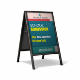 Outdoor signboard for school admission with contact information on a white background