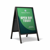 A-frame sign with 'Open Day Today' text on a green background