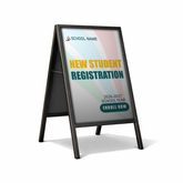 A-frame sign for new student registration with a colorful design on a white background