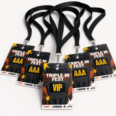 Five black lanyard event badges with 'TRIPLE M FEST AAA' and 'VIP' text, arranged in a fan shape on a white background.