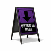 A-frame sign with purple background and black text and arrow on a white background