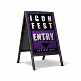 A-frame sign with 'Icon Fest Entry' text on a white background