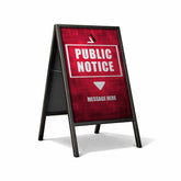 A-frame sign with red background and 'Public Notice' text on a white background