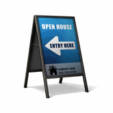 Open house sign with an arrow pointing to entry on a white background