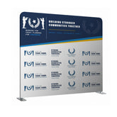 Promotional backdrop with branding and text on a white background