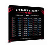 Straight Victory Sports display stand with branding and text on a black background