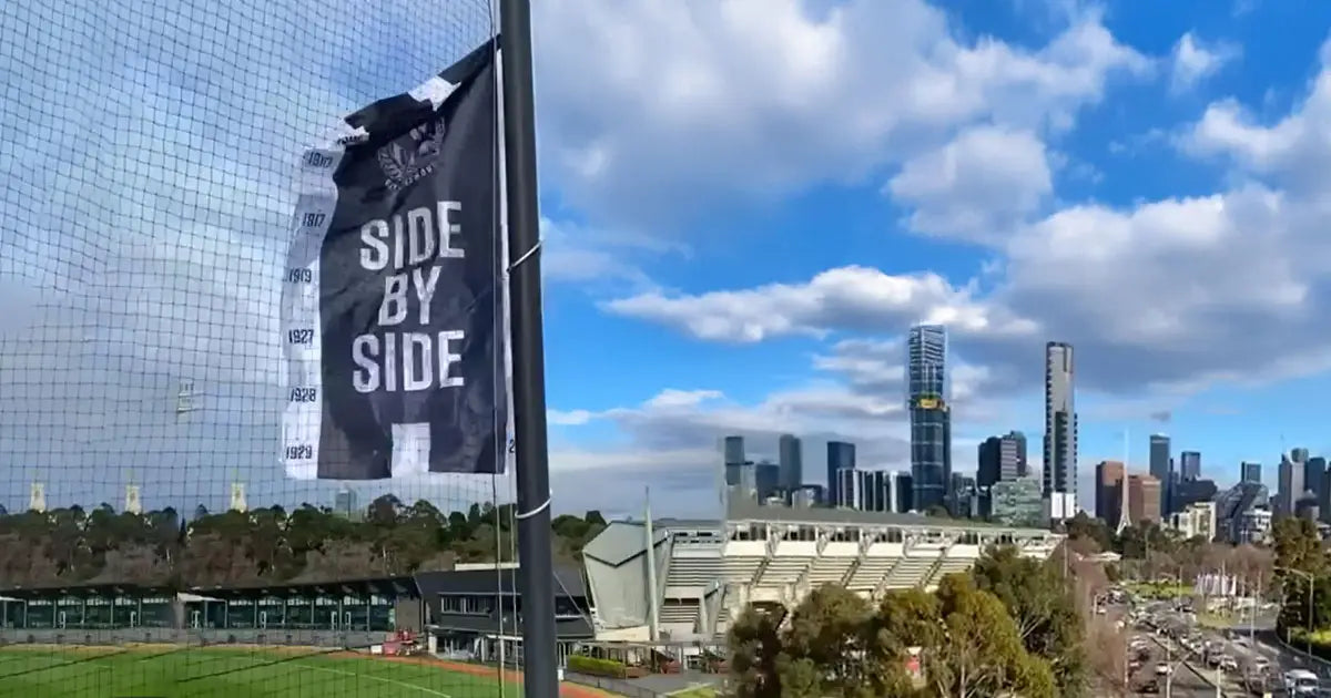 AFL Finals flags by Evan Evans – custom printed outdoor signage at Melbourne’s stadium precinct. | Custom signage by Evan Evans Australia
