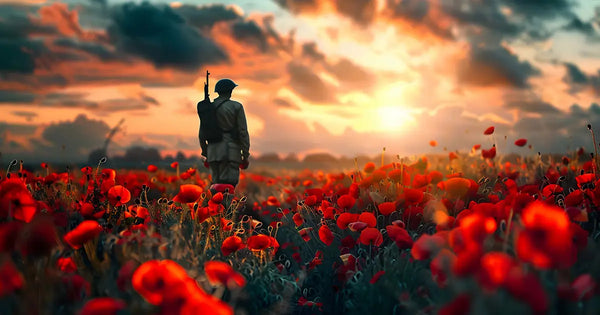ANZAC lone soldier poppy field