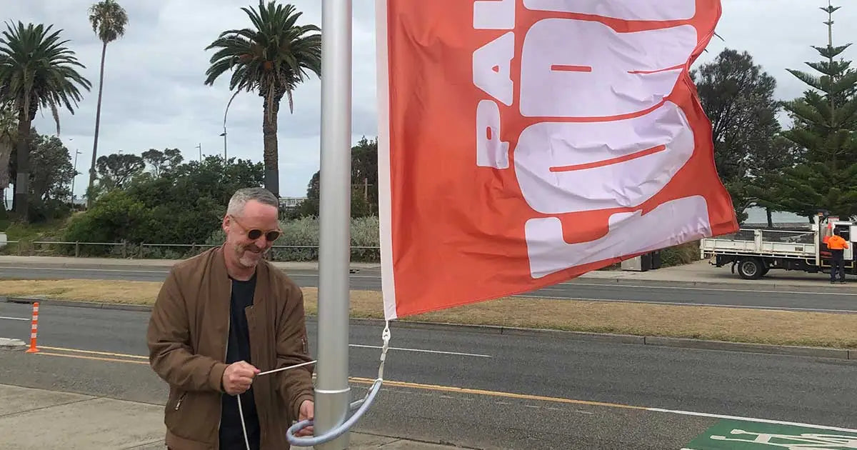 Dan Palace ForeShor Custom Verticasl Flags | Custom signage by Evan Evans Australia