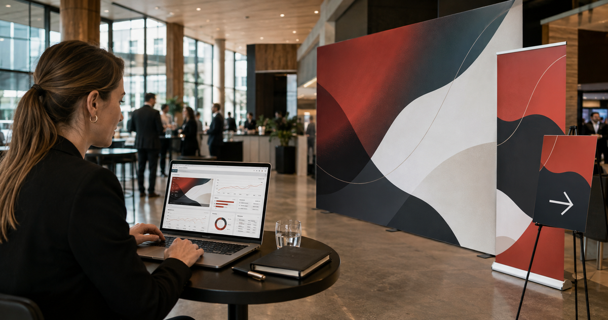 Marketing manager reviewing a digital campaign beside matching printed media wall, pull-up banner and event signage. | Custom signage by Evan Evans Australia