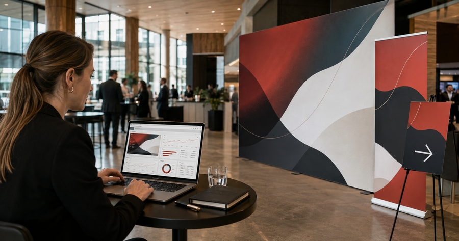 Marketing manager reviewing a digital campaign beside matching printed media wall, pull-up banner and event signage.