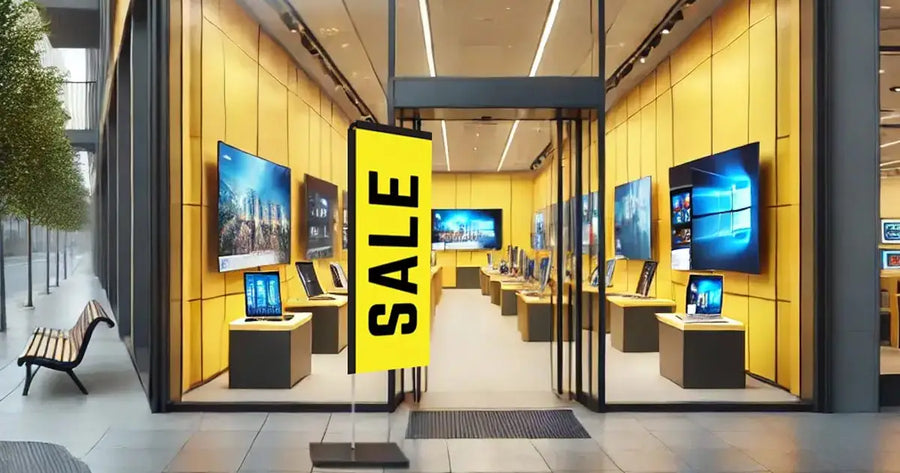 Yellow sale banner outside an electronics store promoting business signage visibility