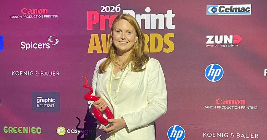 Sonya Cameron, General Manager of Evan Evans, celebrating her Printer 50 recognition at the 2026 ProPrint Awards in Sydney