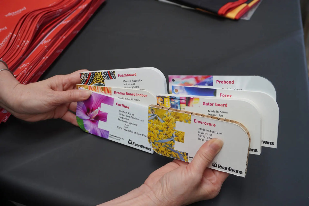 rigid boards sample selections | Custom signage by Evan Evans Australia