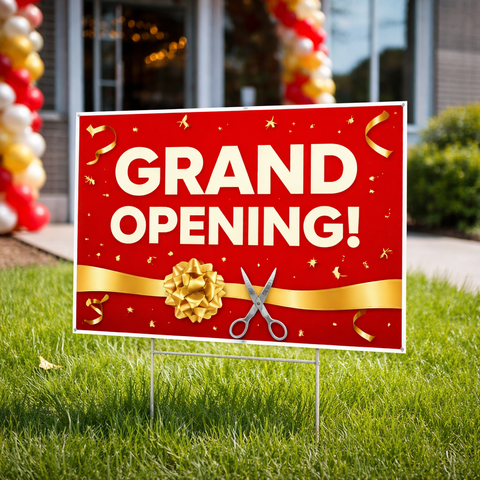 A3 landscape corflute Grand Opening promotional sign displayed outside a storefront