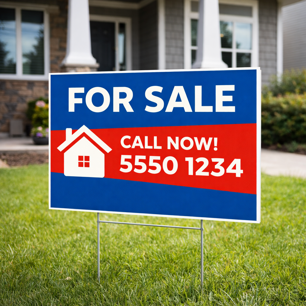 A3 landscape corflute For Sale sign installed on stakes in front of a residential property