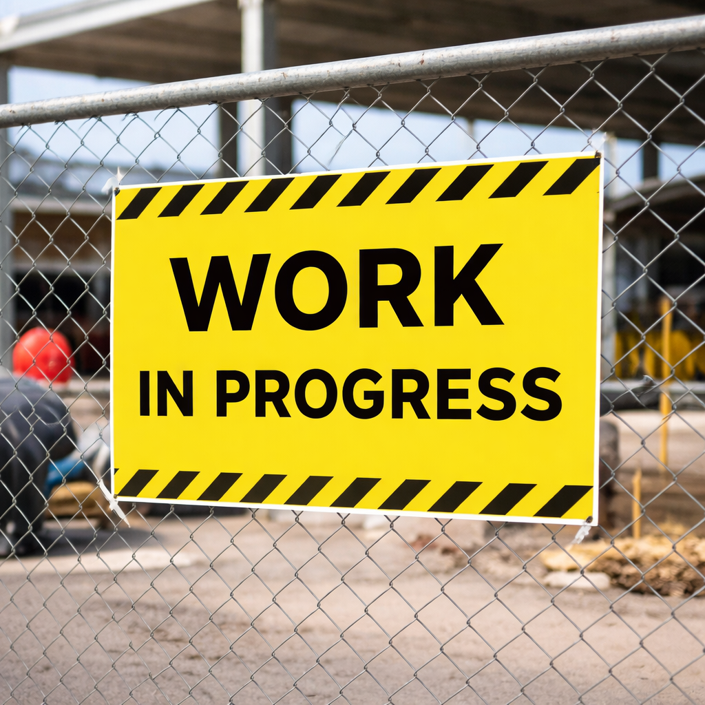 A3 landscape corflute Work In Progress safety sign attached to temporary construction fencing