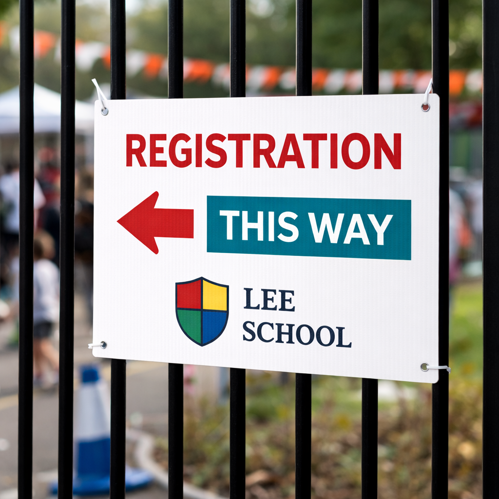 A4 landscape corflute directional sign at a school event pointing to registration