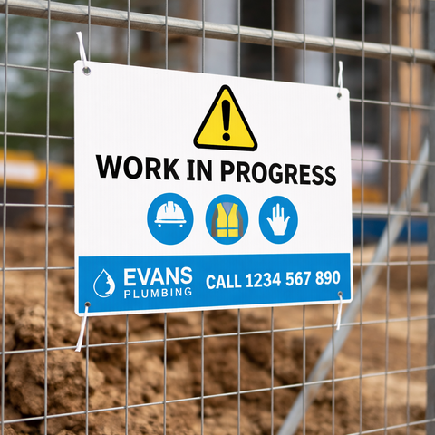 A4 landscape corflute sign mounted on temporary construction fencing reading Work In Progress