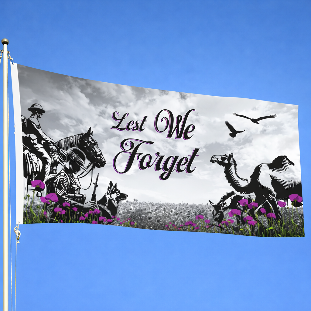 Flag with a historical scene featuring soldiers, horses, and text 'Lest We Forget' against a blue sky.