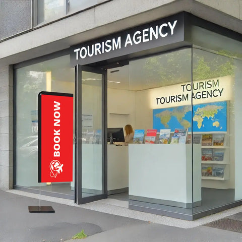 BOOK NOW RED rectangle flag tourism agency