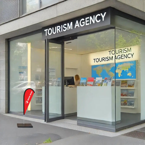 BOOK NOW RED teardrop flag tourism agency