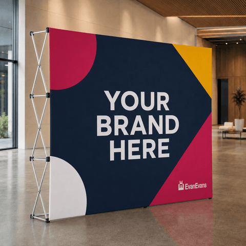 A freestanding rectangular banner stand with a large printed backdrop in a modern indoor lobby. The backdrop has abstract geometric shapes in navy, magenta, yellow, and white, with the text 'YOUR BRAND HERE' and a small 'EvanEvans' logo near the lower right.