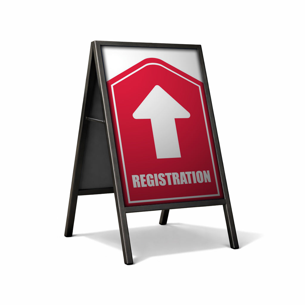 A-frame sign with a red and white registration arrow design on a white background