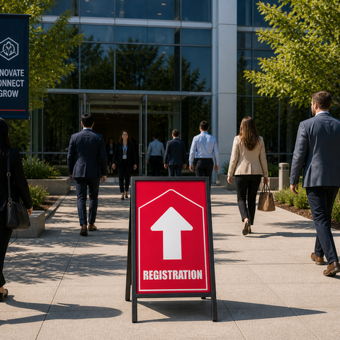 People walking towards a building with a 'Registration' sign in the foreground.