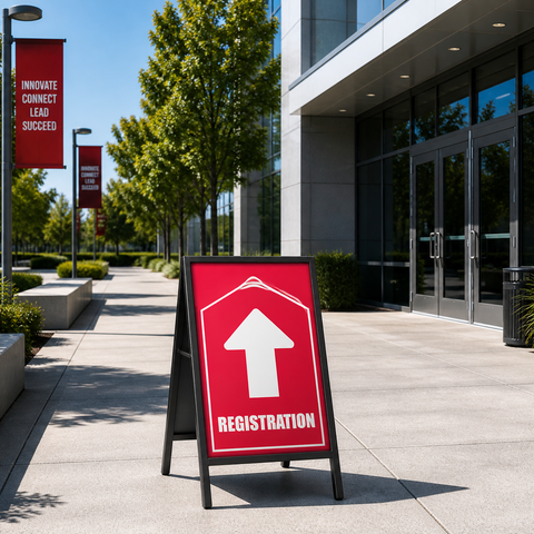 Registration sign in front of a modern building with trees and clear sky.