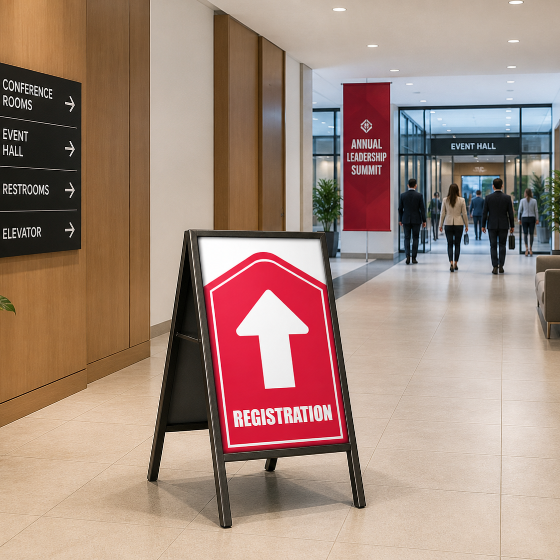 Red and white registration sign in a modern office lobby with people walking around.