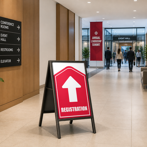 Red and white registration sign in a modern office lobby with people walking around.
