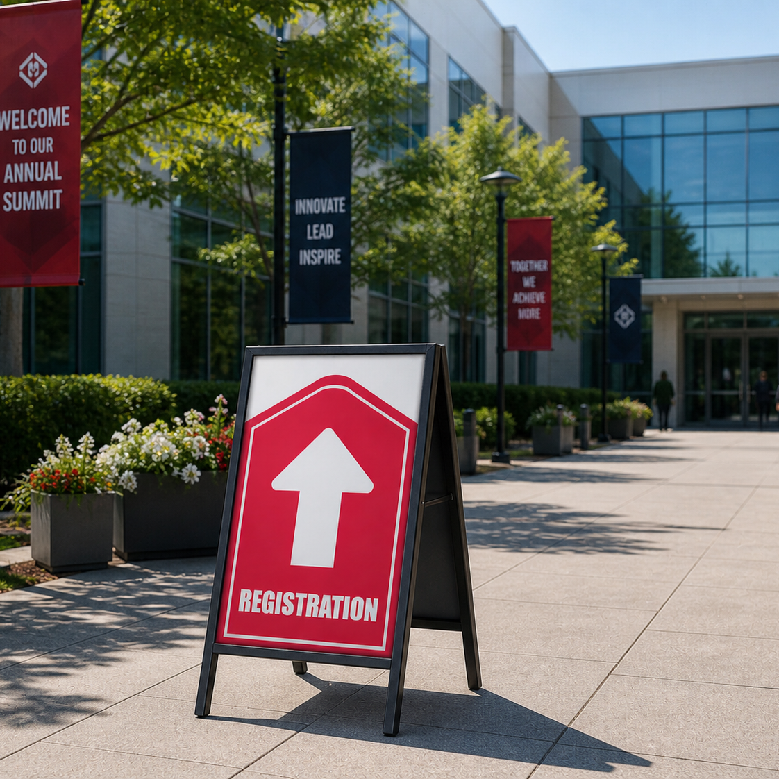 Registration sign in front of a building with event banners
