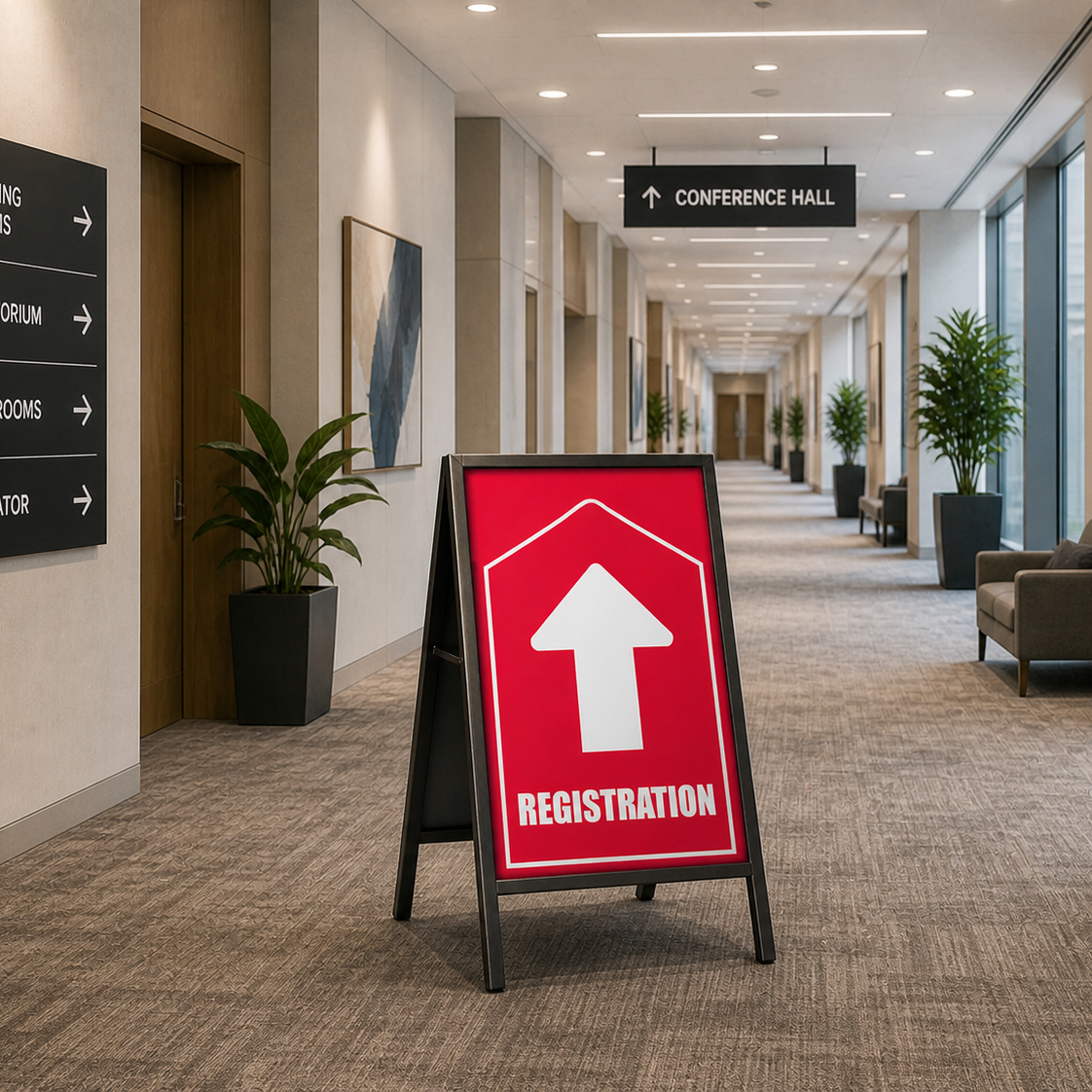 Registration sign in a hallway with directional signs on the wall
