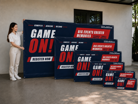A woman in a white uniform stands beside a large navy blue event banner that reads “GAME ON!” and “REGISTER NOW,” with multiple matching smaller banners arranged in descending size on a patio in front of a building.