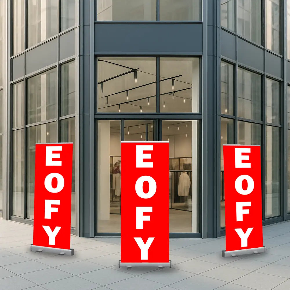 EOFY Red Pull Up Banner Store front