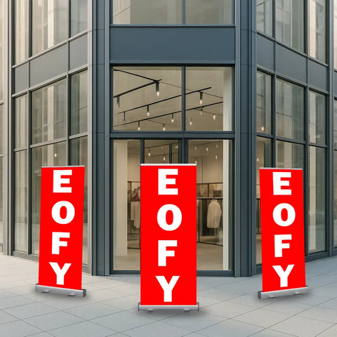 EOFY Red Pull Up Banner Store front
