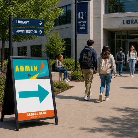 Students walking towards a library entrance with a directional sign in the foreground.