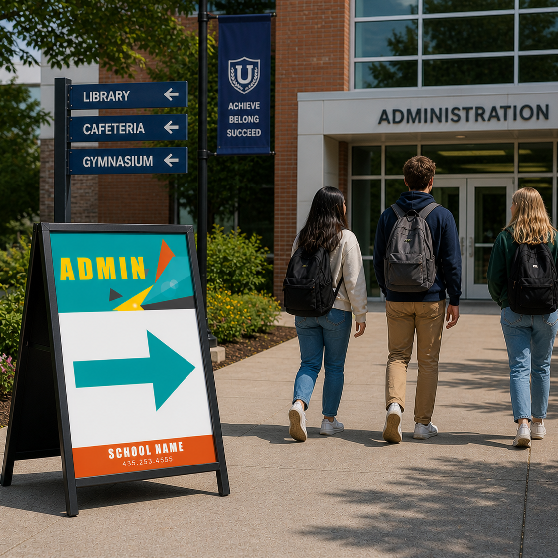 Three students walking on a campus path with directional signs and building names.