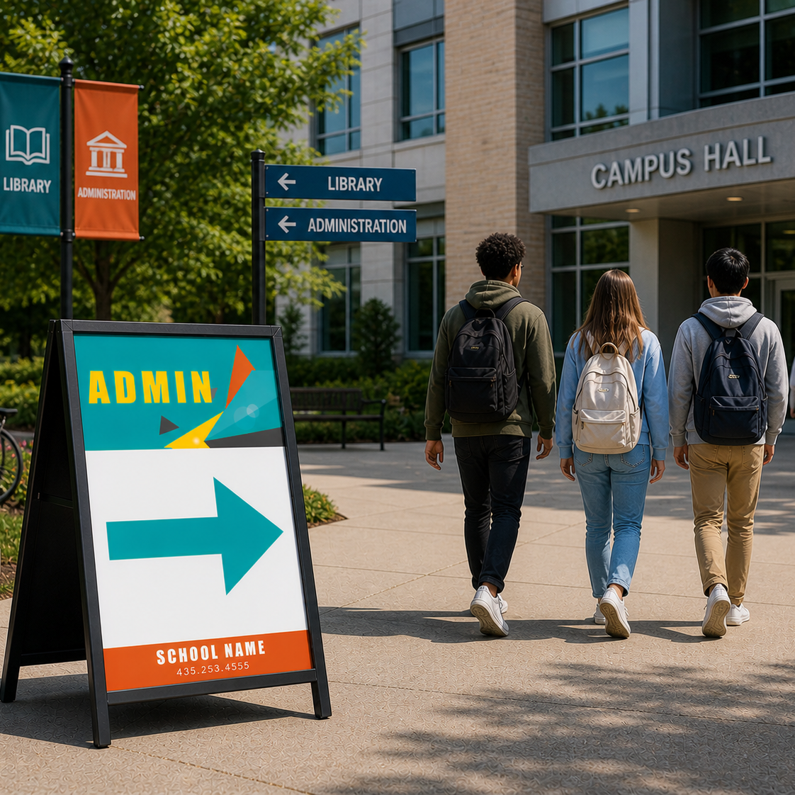 Students walking towards a building with a sign pointing to 'ADMIN' on a college campus.