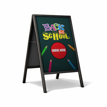 A-frame sign with 'Back to School' and 'Enrol Now' text on a white background