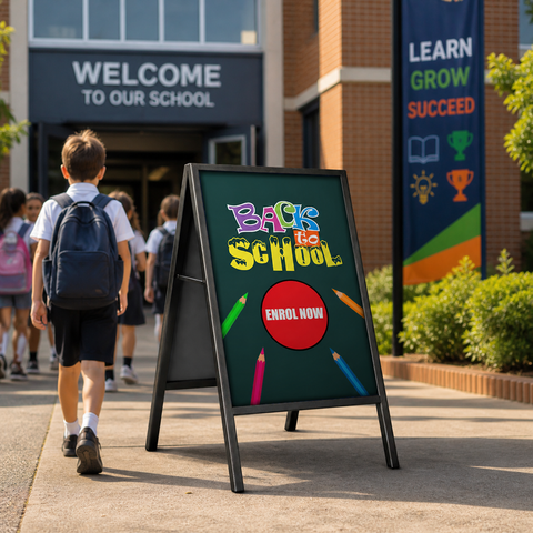 Child walking past a 'Back to School' sign in front of a school building.