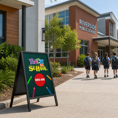 Children walking towards a school building with a 'Back to School' sign in the foreground.